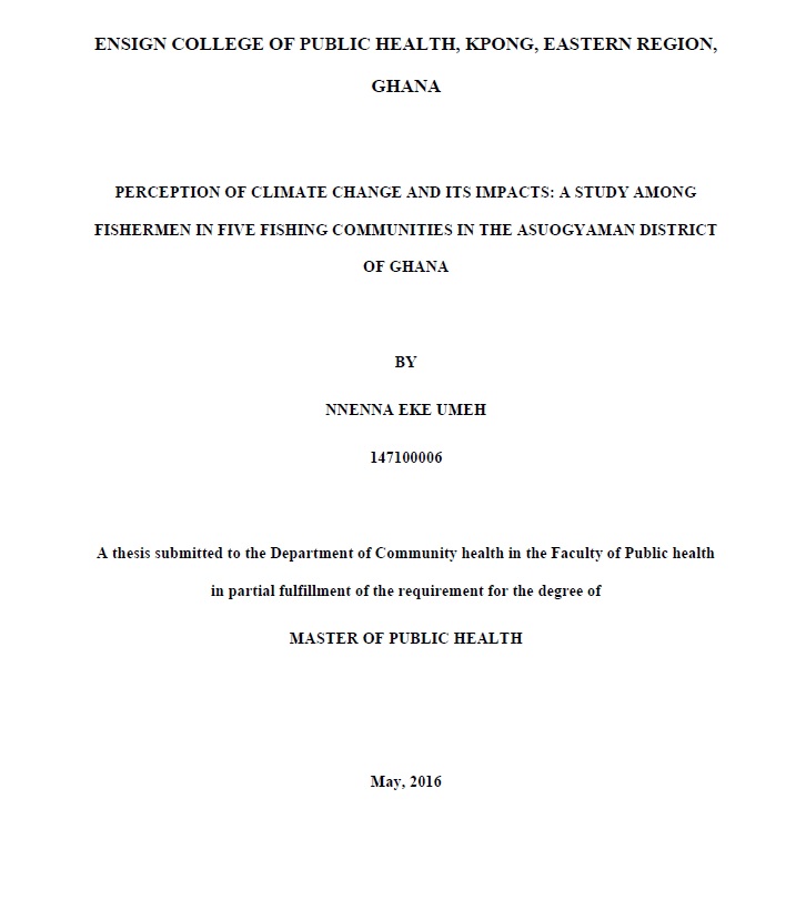 Cover image for Perception of Climate Change and Its Impacts: A Study among Fishermen in Five Fishing Communities in the Asuogyaman District of Ghana