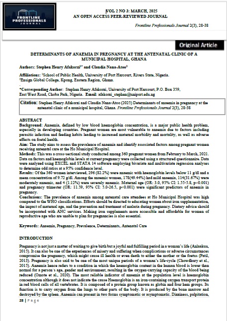 Cover image for Determinants of Anaemia in Pregnancy at the Antenatal Clinic of a Municipal Hospital, Ghana